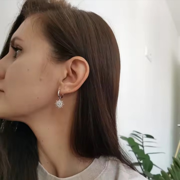 Sunburst Stainless Silver Waterproof Hoop Earrings - Picture 10 of 12